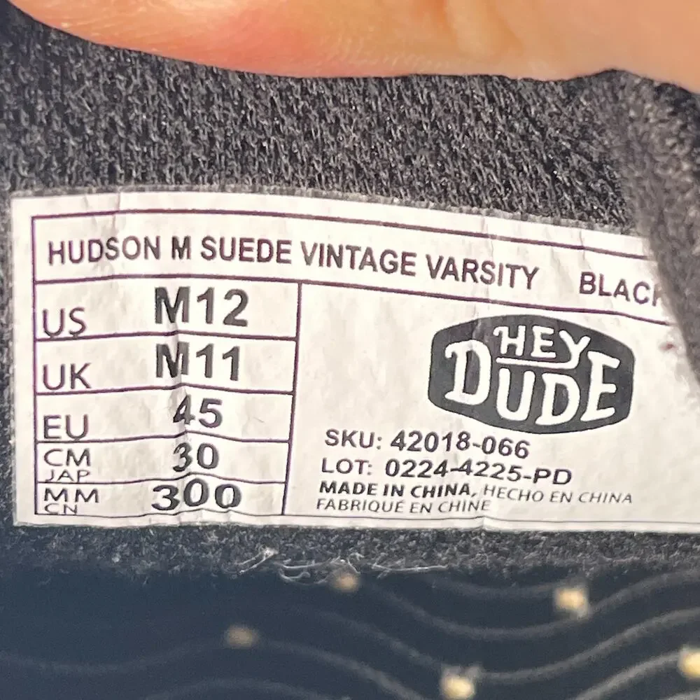 HEYDUDE Hudson M Suede Vintage Varsity Black Casual Sneakers Shoes Men's Size 12
